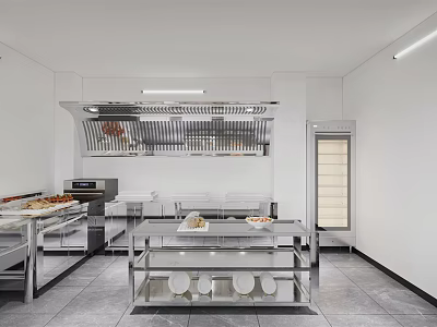 Commercial Kitchen Interior With Stainless Steel Workbench Range Hood Refrigerator And Food Plates 3d model