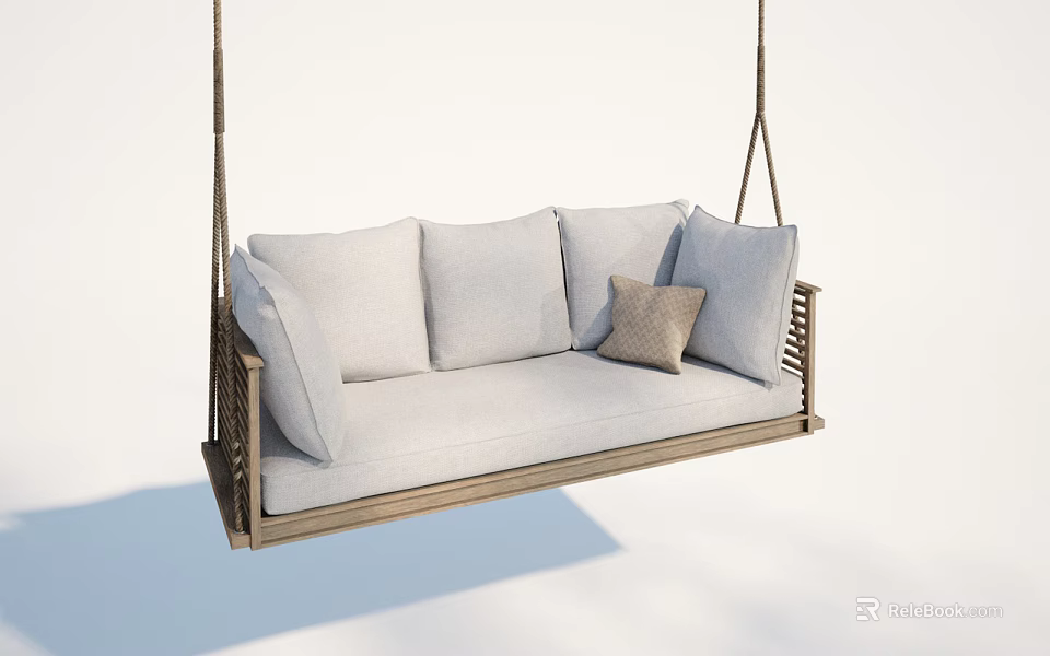 Modern Hanging Chair With Wooden Frame Gray Cushions And Small Brown Pillow 3d model 