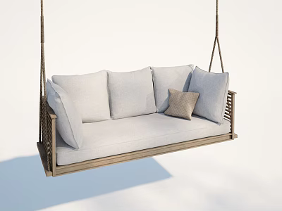 Modern Hanging Chair With Wooden Frame Gray Cushions And Small Brown Pillow 3d model