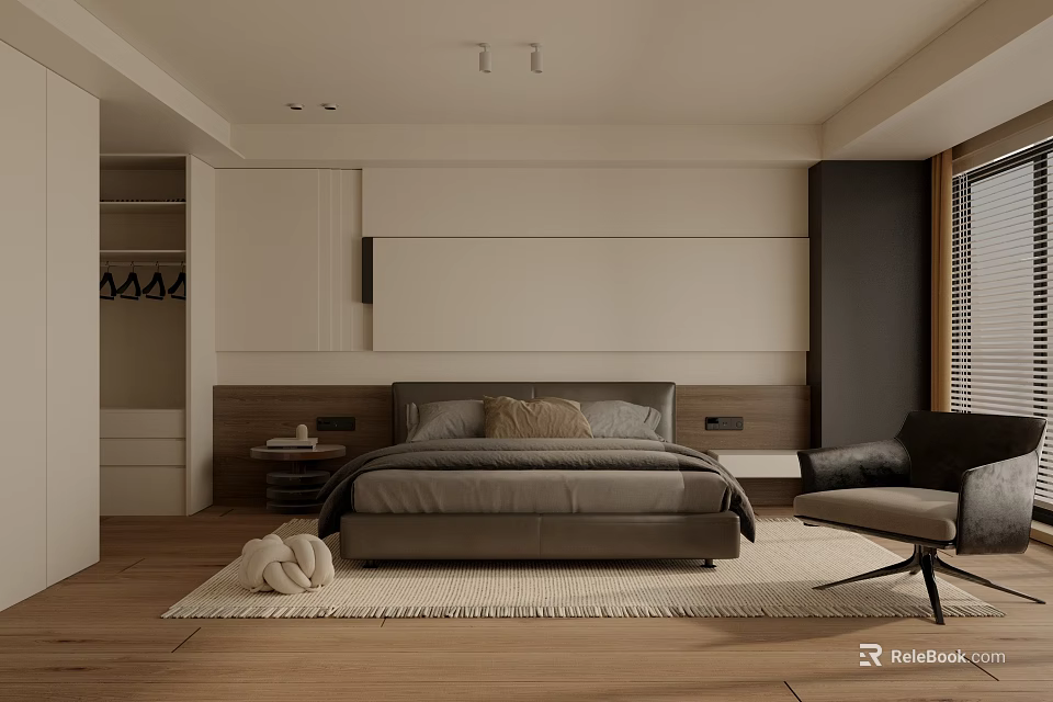 Modern Minimalist Bedroom Interior Design With Large Bed Nightstand Armchair And Area Rug 3d model 