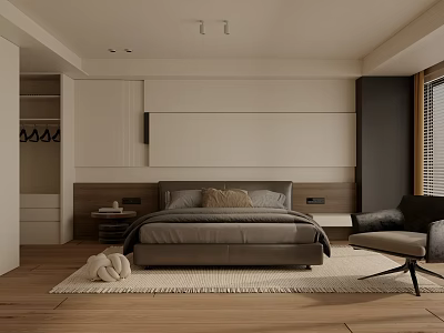 Modern Minimalist Bedroom Interior Design With Large Bed Nightstand Armchair And Area Rug 3d model