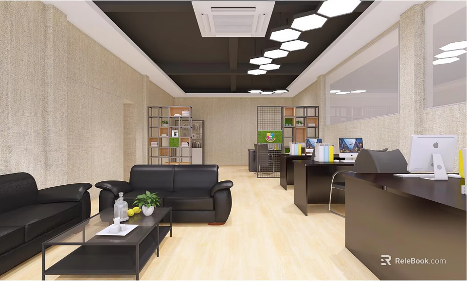 Modern Public Office Space Interior With Black Leather Sofas Coffee Table Work Desks And Bookshelves 3d model 