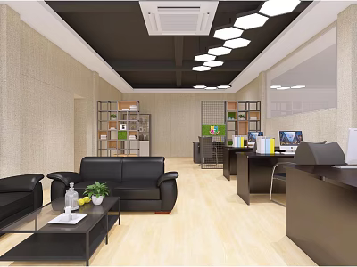 Modern Public Office Space Interior With Black Leather Sofas Coffee Table Work Desks And Bookshelves 3d model