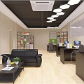 Modern Public Office Space Interior With Black Leather Sofas Coffee Table Work Desks And Bookshelves