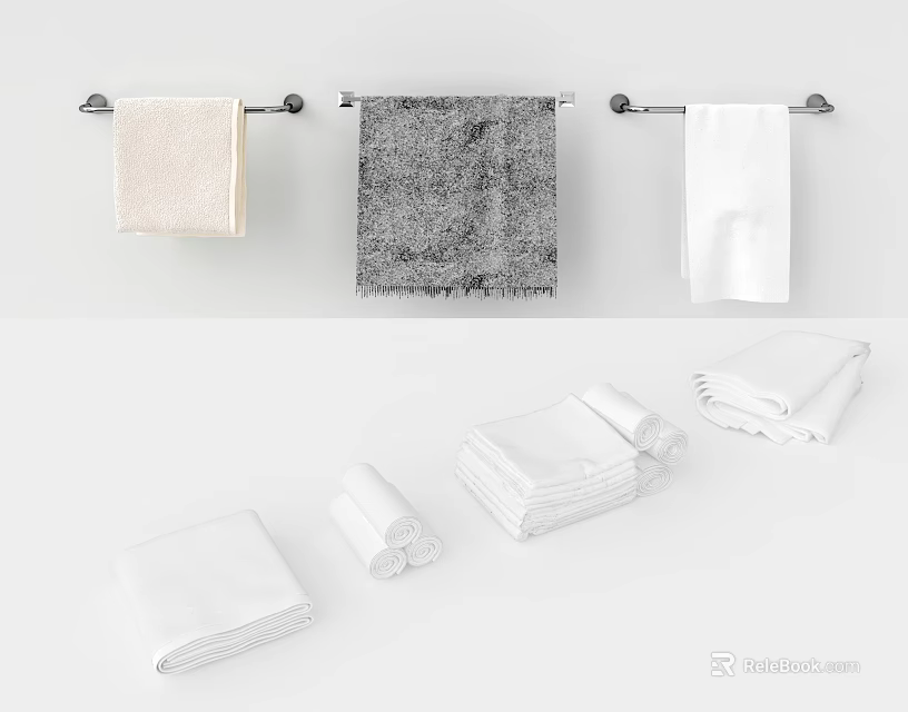 Multiple Hanging Towels on Metal Racks and Neatly Folded Towels in Bathroom 3d model 