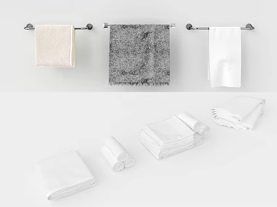 Multiple Hanging Towels on Metal Racks and Neatly Folded Towels in Bathroom 3d model