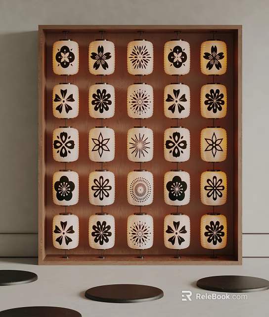 Decorative Lanterns With White Base And Black Floral Patterns Arranged In Grid 3d model 
