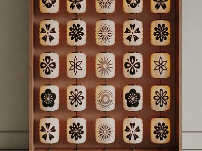 Decorative Lanterns With White Base And Black Floral Patterns Arranged In Grid 3d model