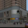 Bustling Commercial Street with Tall Buildings Glass Curtain Walls Store Signs and Pedestrians