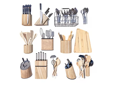 Essential Kitchen Utensils Knives Spoons Forks Spatulas Cutting Boards With Wooden Holders Metal Basket Organizer 3d model