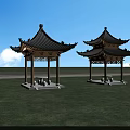 Traditional Chinese Garden Landscape With Two Wooden Pavilions Green Grass And Trees