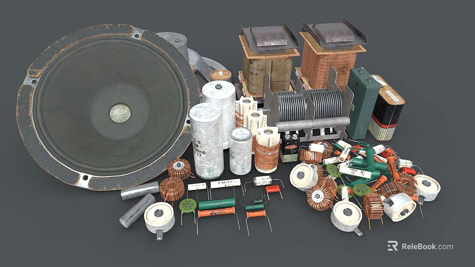 Assorted Electronic Components Collection With Speaker Capacitors Coils Resistors And Transformers 3d model 