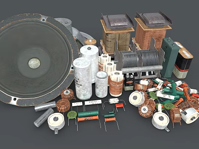Assorted Electronic Components Collection With Speaker Capacitors Coils Resistors And Transformers 3d model