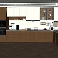Modern Kitchen With Wooden White Cabinets Island Counter Appliances And Herringbone Flooring