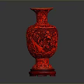 Red Carved Vase Sculpture With Intricate Floral Patterns And Elegant Design