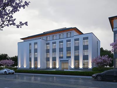 Modern White Multi Story Hotel Building With Illuminated Lights Cherry Blossom Trees And Street Cars 3d model
