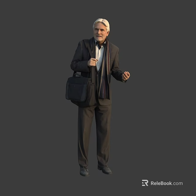 Man in Formal Suit with Briefcase and Scarf Standing Against Gray Background 3d model 