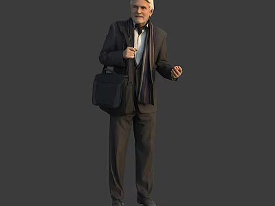 Man in Formal Suit with Briefcase and Scarf Standing Against Gray Background 3d model