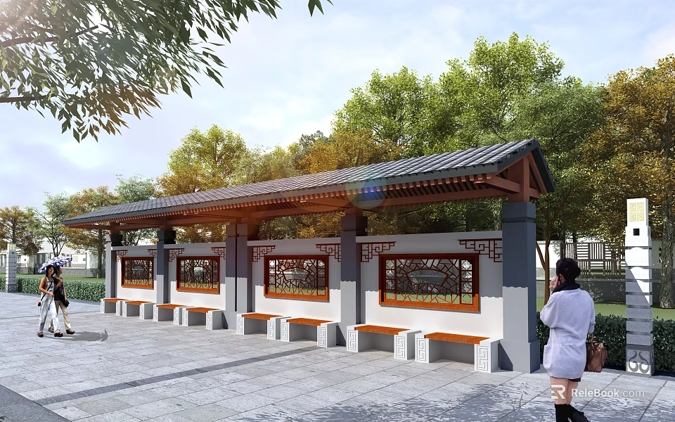 Traditional Covered Pergola With Tile Roof White Walls Red Framed Windows Wooden Benches And Trees 3d model 