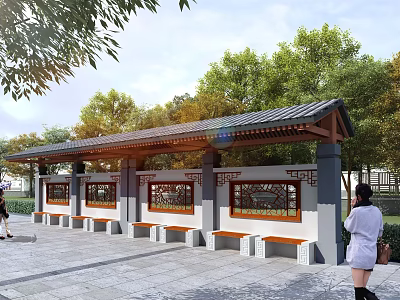 Traditional Covered Pergola With Tile Roof White Walls Red Framed Windows Wooden Benches And Trees 3d model