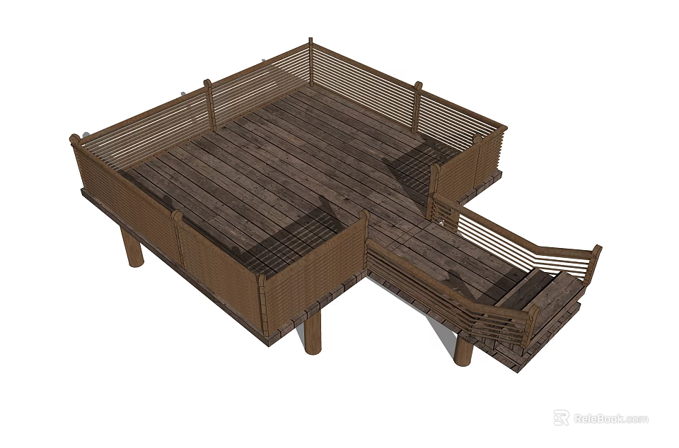 Wooden Roadside Deck Structure With Fence Steps And Support Posts 3d model