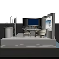 Modern Exhibition Booth Interior With White Counter Display Shelves Brand Signage And Plants