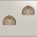 Two Natural Woven Dome Pendant Lights Illuminated On Light Wall Background