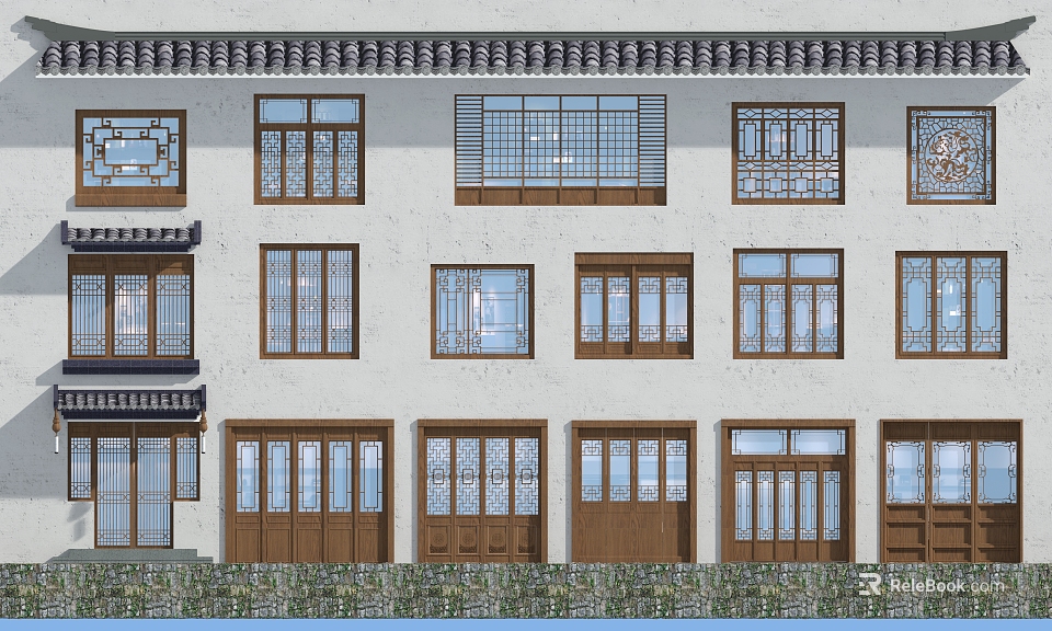Traditional Carved Windows On Classic Building Facade With Wooden Frames And Layered Design 3d model 
