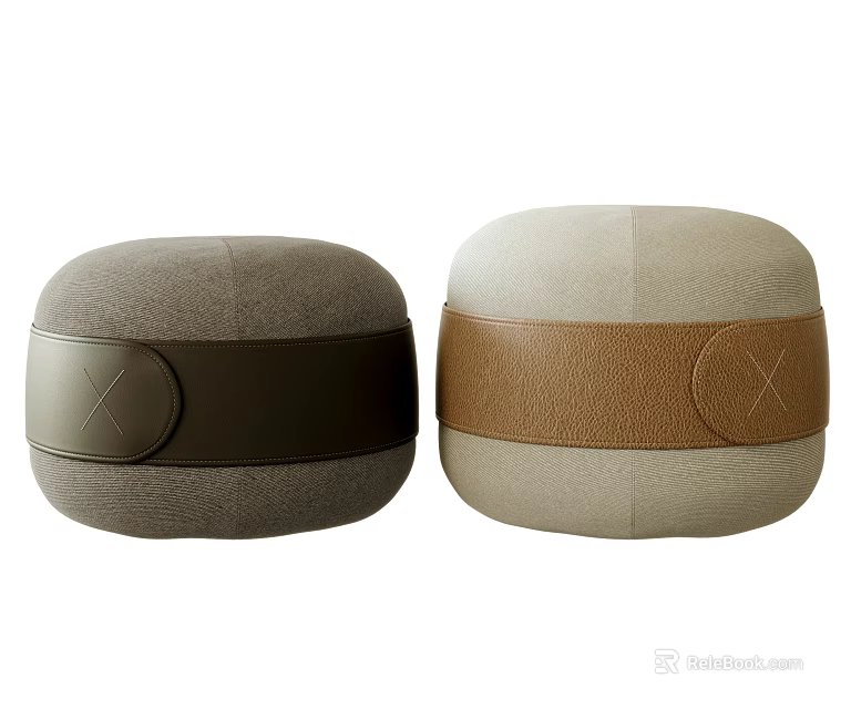 Modern Gray And Beige Sofa Stools With Fabric Leather Bands And X Shaped Stitching 3d model 