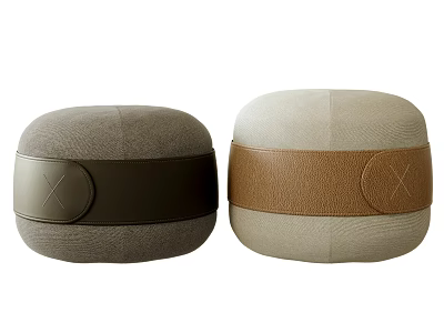 Modern Gray And Beige Sofa Stools With Fabric Leather Bands And X Shaped Stitching 3d model