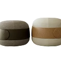 Modern Gray And Beige Sofa Stools With Fabric Leather Bands And X Shaped Stitching