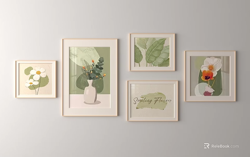 Decorative Photo Wall With Framed Spring Flower Artworks And Green Leaves 3d model 