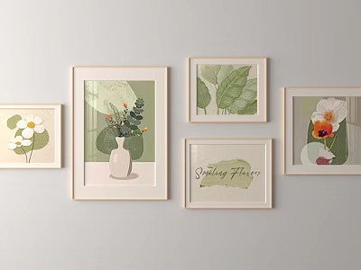 Decorative Photo Wall With Framed Spring Flower Artworks And Green Leaves 3d model
