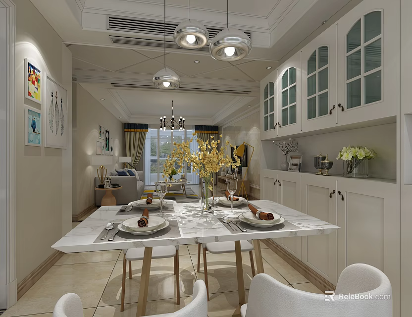 Modern Dining Living Room Interior Design With White Cabinets Glass Doors And Marble Table 3d model 