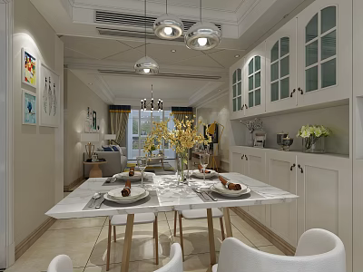 Modern Dining Living Room Interior Design With White Cabinets Glass Doors And Marble Table 3d model