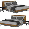 Modern Double Bed With Leather Headboard Gray Bedding And Side Table 3d model