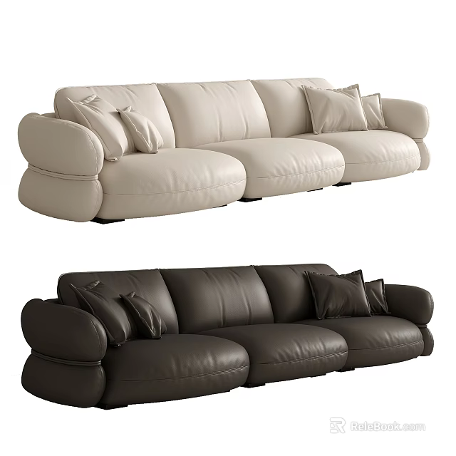 Modern Three Seater Leather Sofa In Beige And Brown With Soft Cushions 3d model 