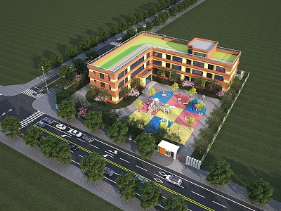 Kindergarten School Building With Green Roof Brick Exterior And Colorful Playground Surrounding Trees 3d model