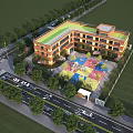 Kindergarten School Building With Green Roof Brick Exterior And Colorful Playground Surrounding Trees