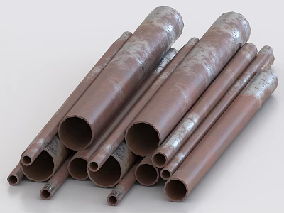 Rusty Metal Pipes of Various Sizes Stacked Together in Industrial Pile 3d model