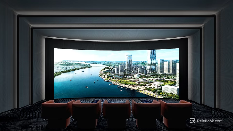 Modern Cinema with Large Screen Showing Urban Cityscape and Comfortable Seats for Viewing 3d model 