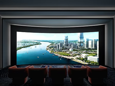 Modern Cinema with Large Screen Showing Urban Cityscape and Comfortable Seats for Viewing 3d model