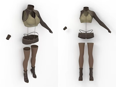 Fashionable Women's Outfit With Beige Brown Crop Top Leggings Boots And Accessories 3d model