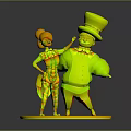 Two Cartoon Characters In Red Outfit Top Hat And Purple Pants Posing On Circular Platform