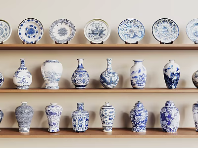Blue and White Ceramic Wares Plates and Vases Neatly Arranged on Wooden Shelves 3d model