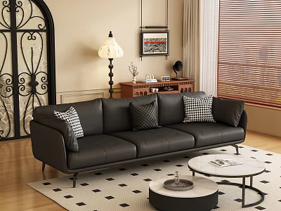 Modern Living Room Interior Design With Black Leather Sofa Throw Pillows Coffee Tables And Rug 3d model