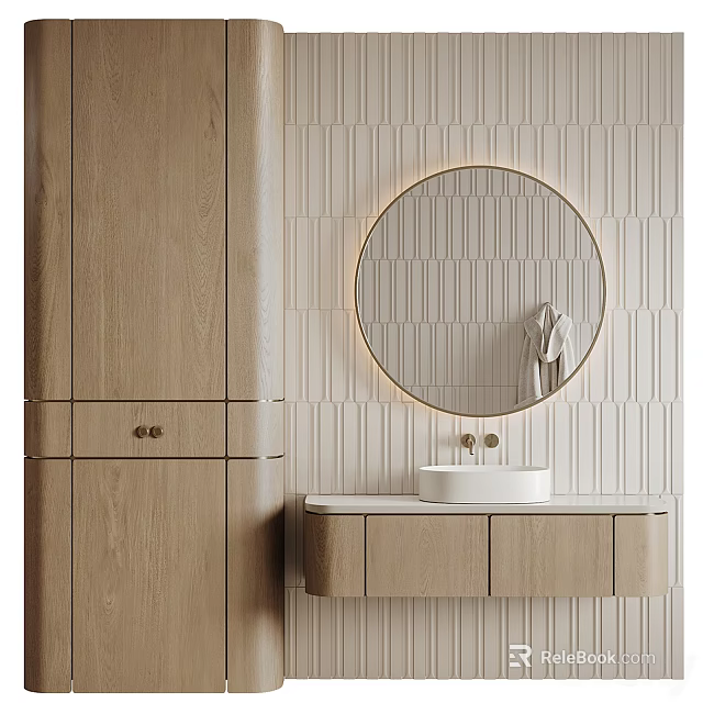 Modern Bathroom Vanity With Wooden Cabinet Round Mirror LED Light And Vertical Striped Tile Wall 3d model 