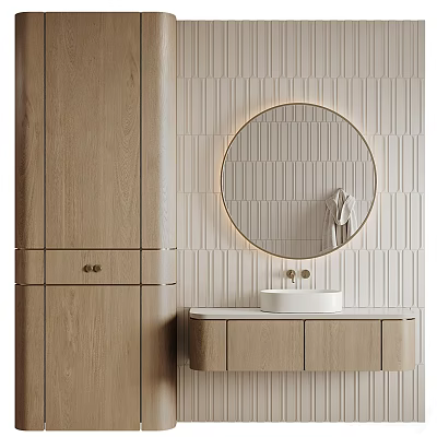 Modern Bathroom Vanity With Wooden Cabinet Round Mirror LED Light And Vertical Striped Tile Wall 3d model