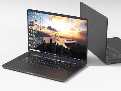 Modern Open Laptop Display With City Sunset Wallpaper And Application Icons 3d model
