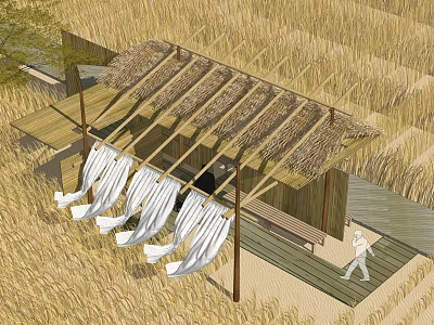 Traditional Thatched Roof Shed With Drying White Fabrics And Person Near Wheat Field 3d model